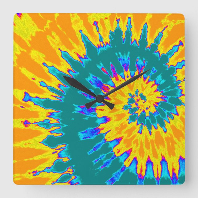 Gult och Teal Spiral Tie Dye Clock Fyrkantig Klocka (Framsida)