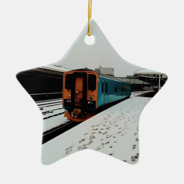 Gult och turkos tåg julgransprydnad keramik (Framsidan)