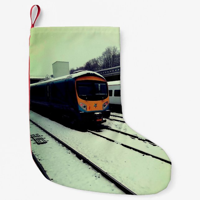 Gult och turkos tåg liten julstrumpa (Framsidan)