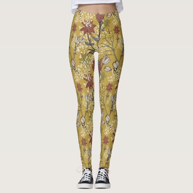 Gult och vild av röd blommigt mönster  leggings (Framsida)