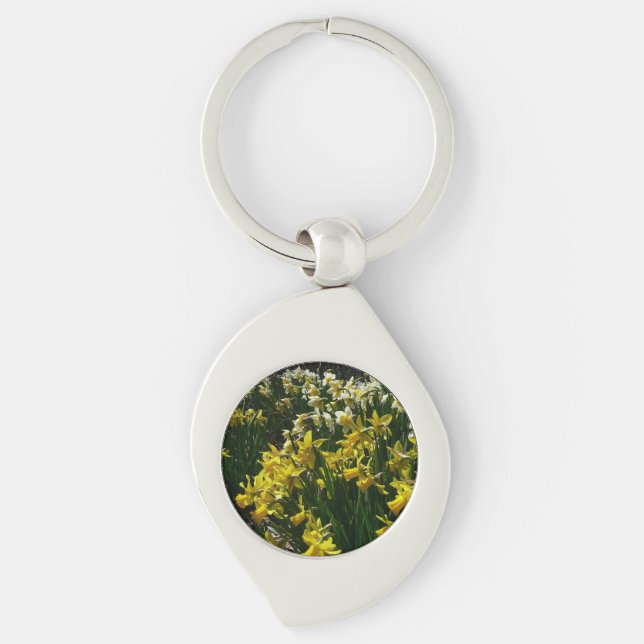Gult och vit affodil Vår blommor Swirl Silverfärgad Nyckelring (Framsidan)