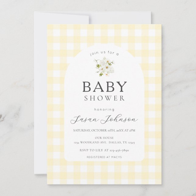 Gult och vit buffelkontroll Play Baby Shower Inbjudningar (Framsida)