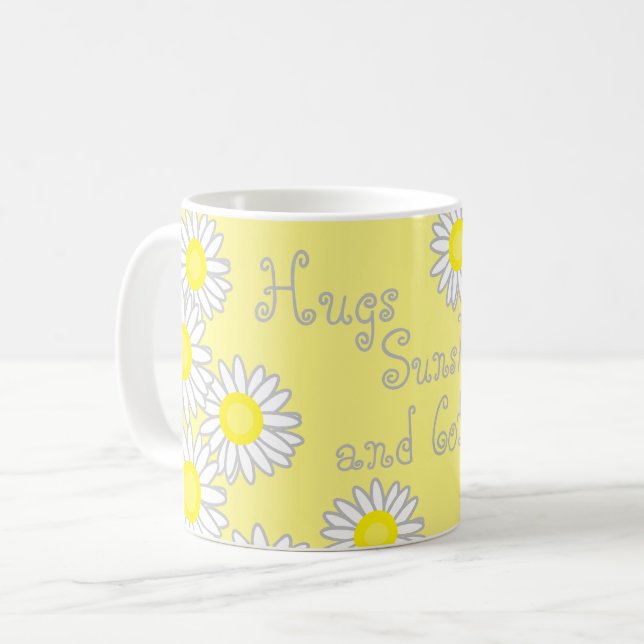 Gult och vit Daisy Hugs Sunshine and Coffee Kaffemugg (Framsida vänster)