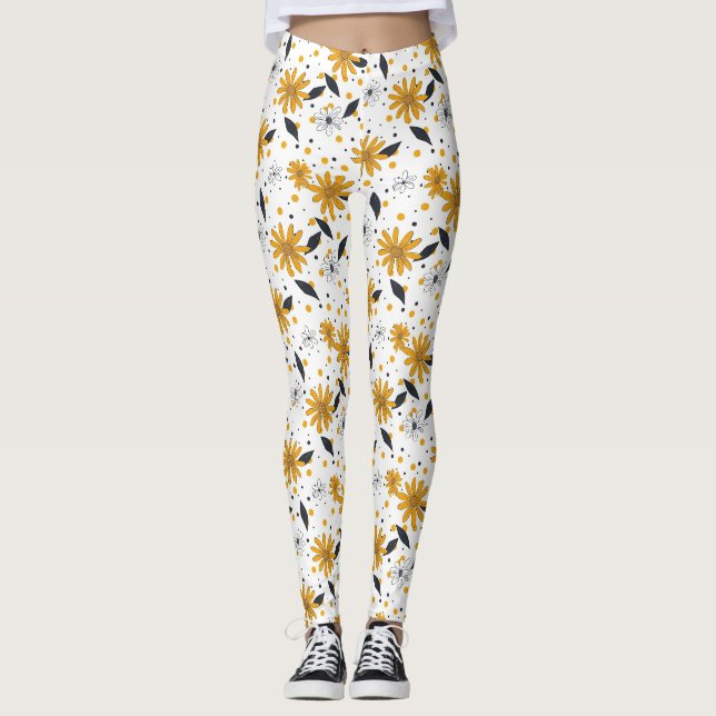 Gult och vit Daisy Mönster med Mörk Löv Leggings (Framsida)