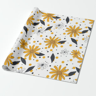 Gult och vit Daisy Mönster med Mörk Löv Presentpapper
