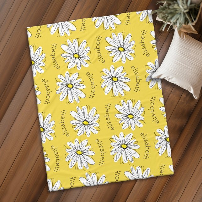Gult och vit vimatisk Daisy med Namn Fleecefilt (Personalized fleece blanket with whimsical daisy)