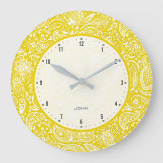 Gult och vit Vintage Blommigt Paisley Stor Klocka