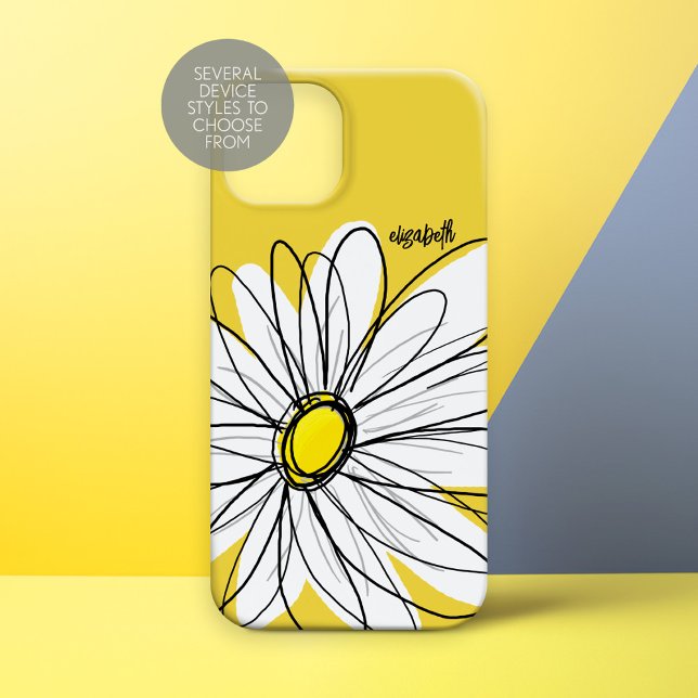 Gult och vit visuell Daisy med Anpassningsbar Text (Whimsical Daisy Personalized Phone Case)