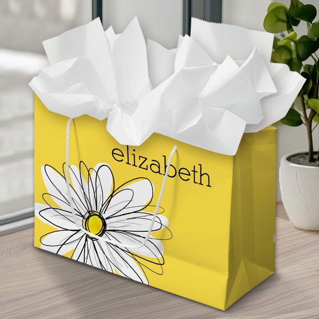 Gult och vit visuell Daisy med Anpassningsbar Text (Custom Personalized Gift Bag)