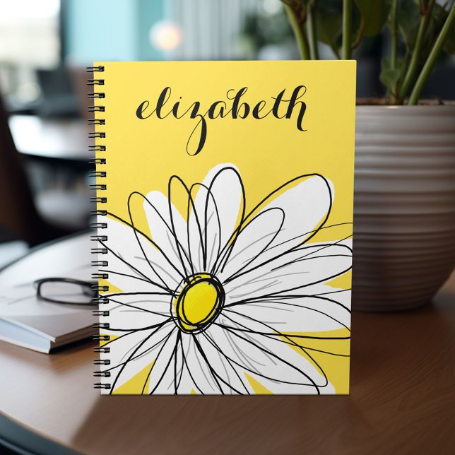 Gult och vit visuell Daisy med Anpassningsbar Text Anteckningsbok (Personalized notebook - add your name or other text)