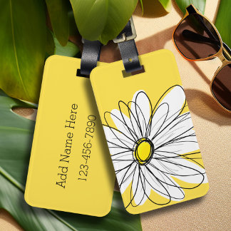 Gult och vit visuell Daisy med Anpassningsbar Text Bagagebricka
