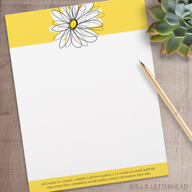 Gult och vit visuell Daisy med Anpassningsbar Text Brevhuvud (Personalized Letterhead )