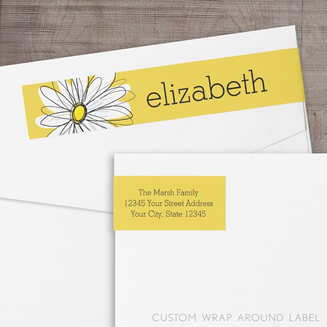 Gult och vit visuell Daisy med Anpassningsbar Text Etikettband (Custom Return Address Label with Wrap Around Feature)