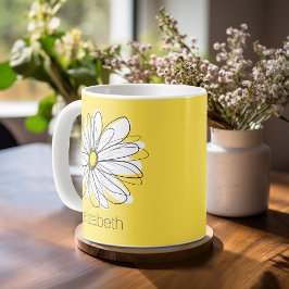 Gult och vit visuell Daisy med Anpassningsbar Text Kaffemugg