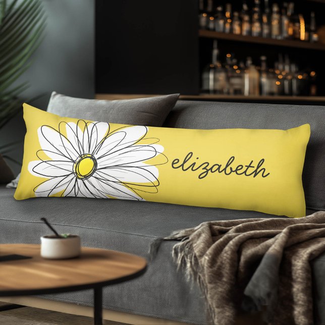 Gult och vit visuell Daisy med Anpassningsbar Text Kroppskudde (Custom Monogram Body Pillow)