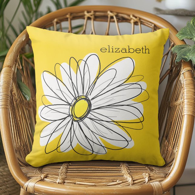 Gult och vit visuell Daisy med Anpassningsbar Text Kudde (Whimsical Daisy Pillow)