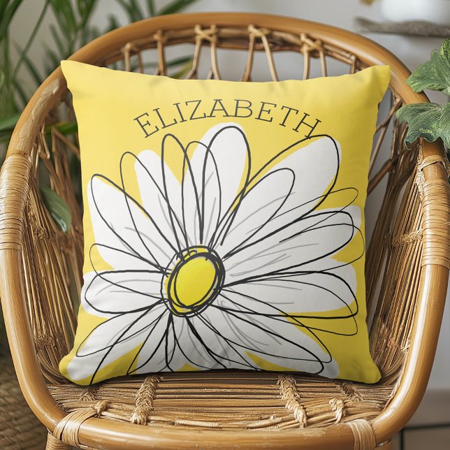 Gult och vit visuell Daisy med Anpassningsbar Text Kudde (Custom Monogram Pillow)