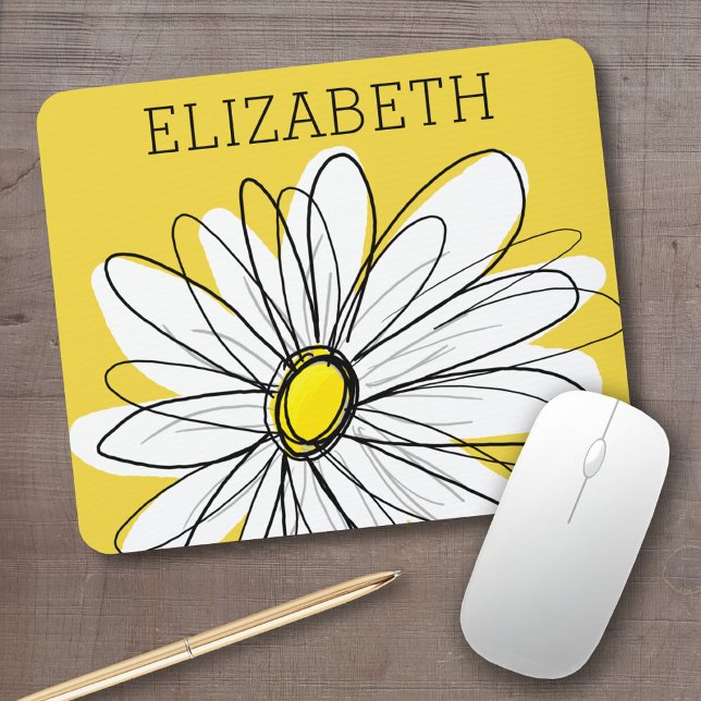 Gult och vit visuell Daisy med Anpassningsbar Text Musmatta (Personalized mousepad - add your custom text)