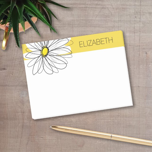 Gult och vit visuell Daisy med Anpassningsbar Text Post-it Block (Personalized post-it notes with a name and whimsical daisy.)