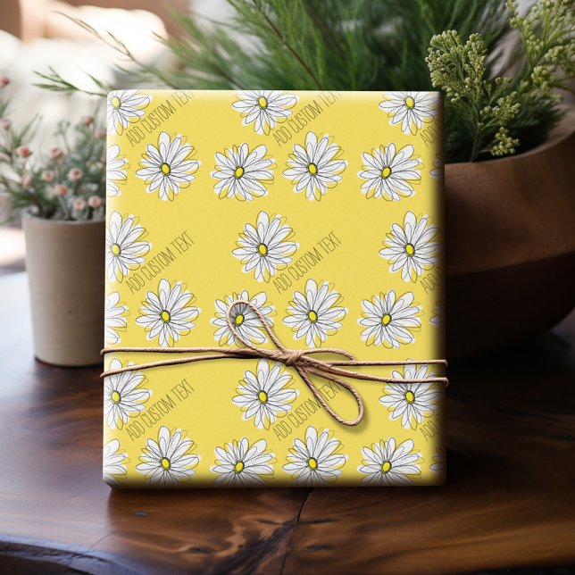 Gult och vit visuell Daisy med Anpassningsbar Text Presentpapper (Personalized Wrapping Paper)