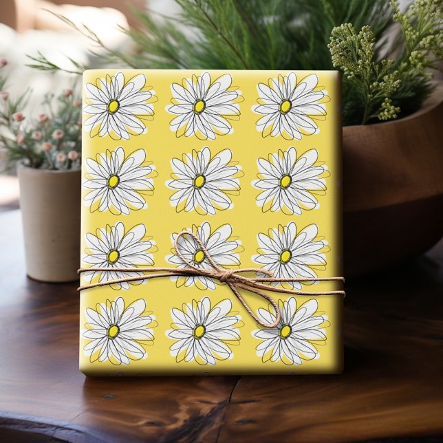 Gult och vit visuell Daisy med Anpassningsbar Text Presentpapper (Personalized Wrapping Paper)