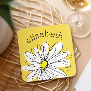 Gult och vit visuell Daisy med Anpassningsbar Text Underlägg Papper Kvadrat