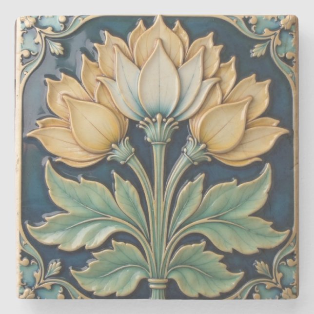 Gult och vita Blommigtar Stone Underlägg (Framsidan)