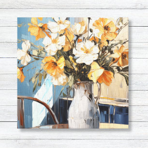 Gult och vita blommor i Vas Blue Wall Canvastryck