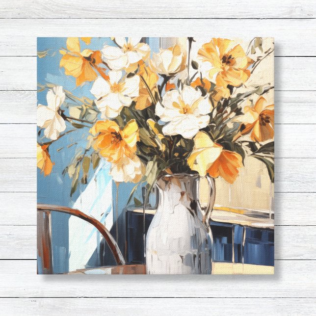 Gult och vita blommor i Vas Blue Wall Canvastryck (Oil Painting Style Wall Art Canvas - White & Yellow Flowers in Vase - Blue Sunlit Wall)