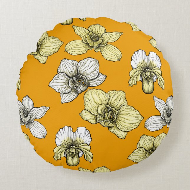 Gult och vita blommor rund kudde (Framsidan)