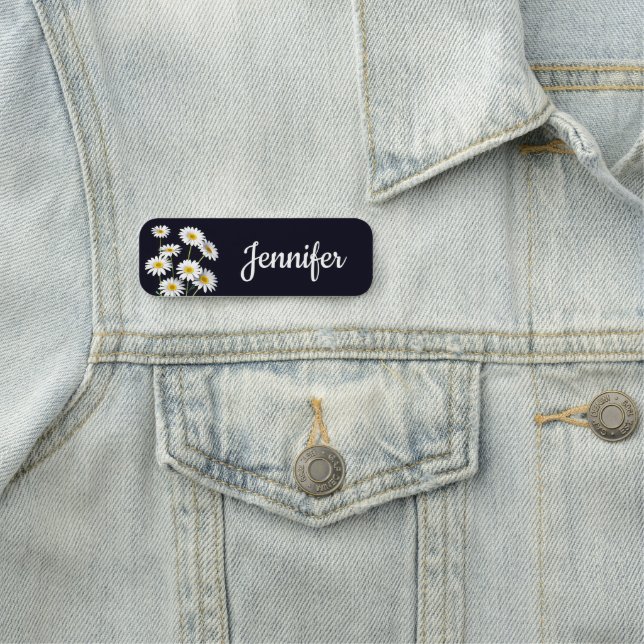 Gult och vita Daisy på svart Namnbricka (På plats)