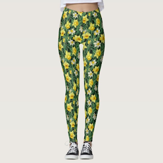 Gult och vitt diffodil Blommor Sömlös Leggings (Framsida)