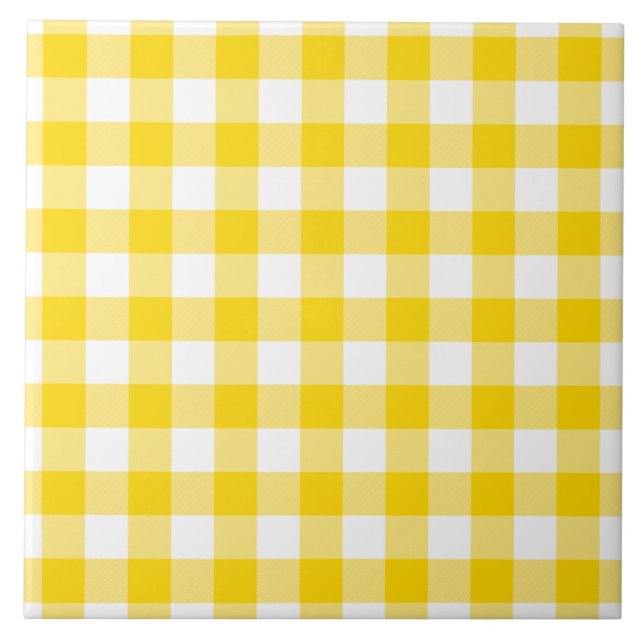 Gult och White Gingham Checks Squares Mönster Kakelplatta (Framsidan)