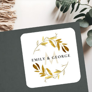 GULT OCHRE GULD FOLIAGE MONOGRAM WREATH BRÖLLOP FYRKANTIGT KLISTERMÄRKE