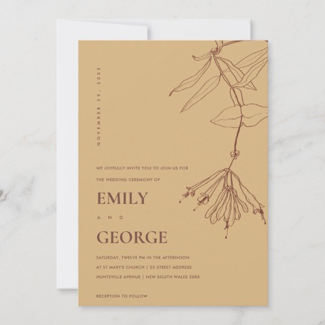 GULT OCHRE LINE TECKNING BLOMMIGT WEDDING INVITE TACK KORT (Framsida)