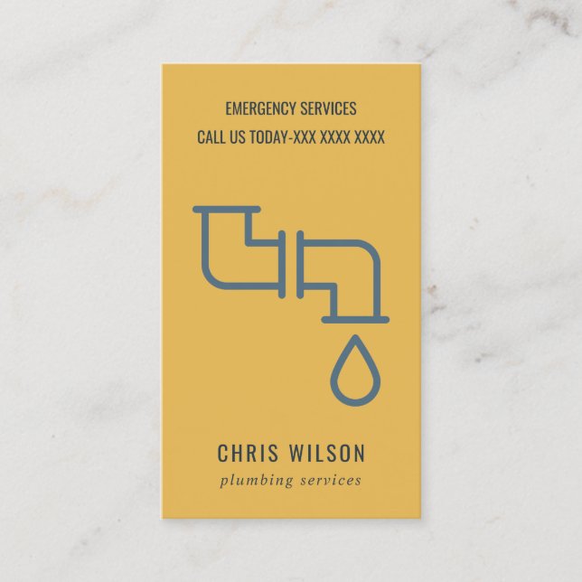 GULT OCHRE NAVY PLUMBER SERVICE RÖR PLUMBING VISITKORT (Framsida)