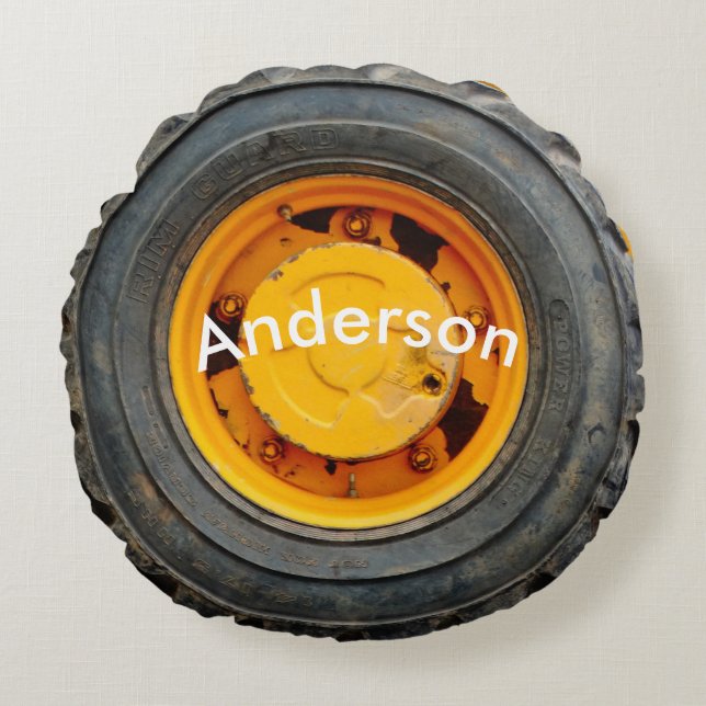gult orange, antik bil däck rund kudde (Framsidan)