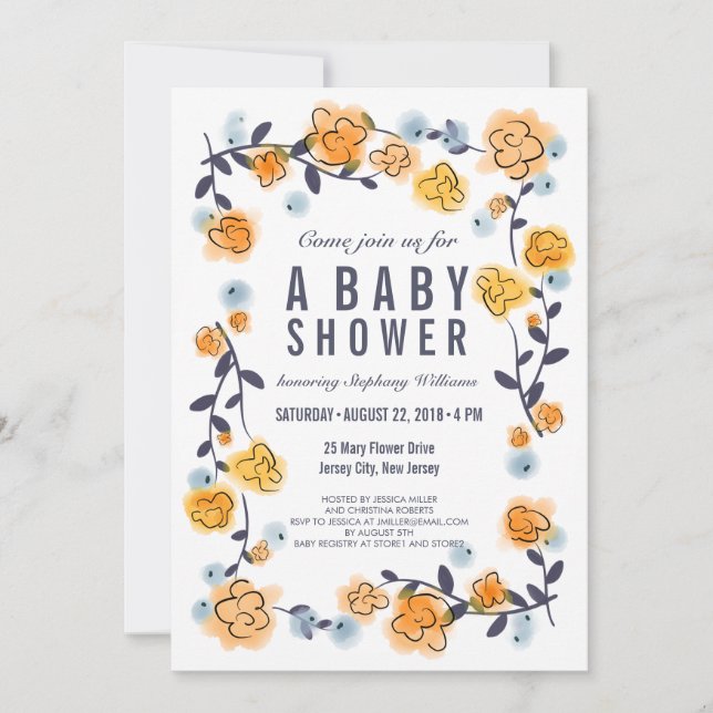 Gult Orange Blommigt Baby Shower Inbjudan Girl Gir (Framsida)
