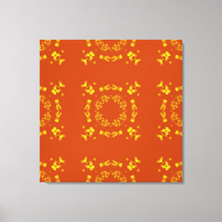 Gult, Orange Blommigt Damasker Retro Mönster Canvastryck