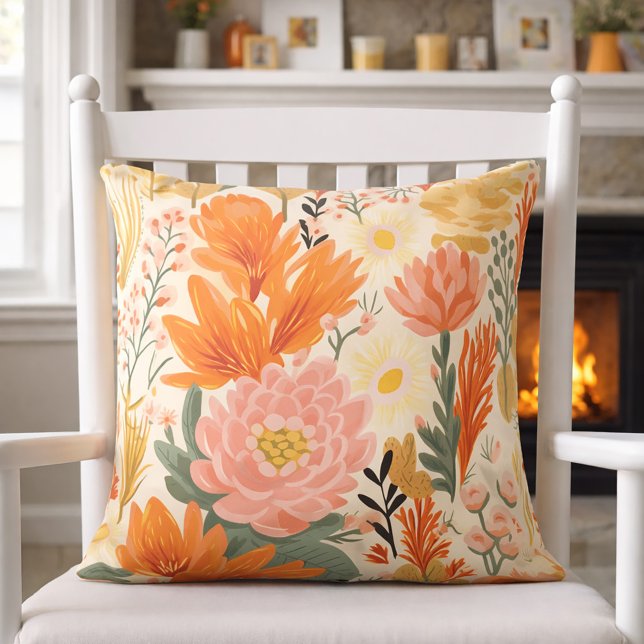 Gult Orange Blommigt för koral Grönt Kudde (Cozy farmhouse decor)