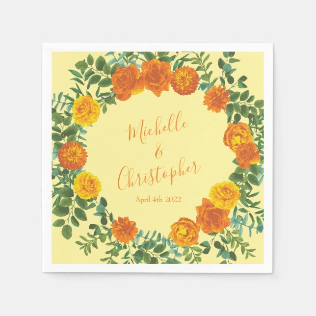 Gult Orange Bröllop Blommigt Ro Pappersservett (Framsidan)
