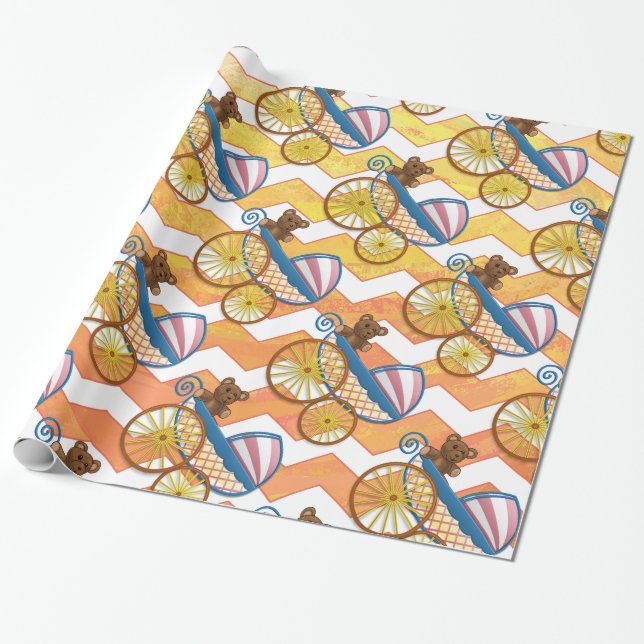 Gult, Orange Chevron Baby Carriage Mönster Presentpapper (Utrullad)