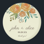 Gult Orange, Cream och Brown Blommigt Bröllop Magnet<br><div class="desc">Detta är en klassisk magnet och elegant bröllop-magnet designad med gult orange ro och peonier,  botaniskt och eukalyptus löv i en gräddbaksida i gulten. Ett tack till dina gäster.</div>