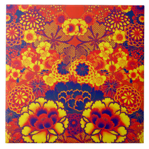 GULT ORANGE FLOWERS Peony,Ro Japansk Blommigt Kakelplatta