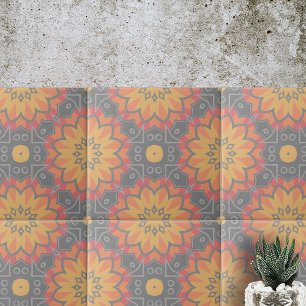 Gult Orange Grått Geometric Ethnic Mosaic Mönster Kakelplatta