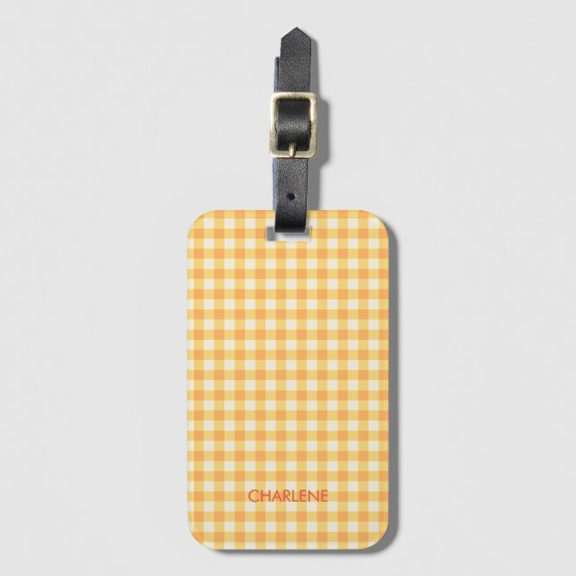 Gult Orange Ish Preppy Gingham Play Bagagebricka (Framsida vertikal)