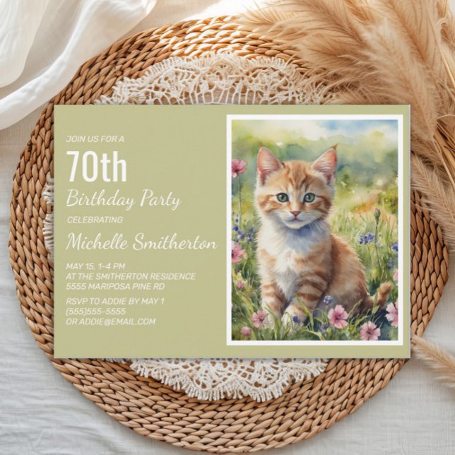 Gult Orange Kitten Cat Lover 70:e födelsedagen Inbjudningar (Cat 70th birthday party invitation)