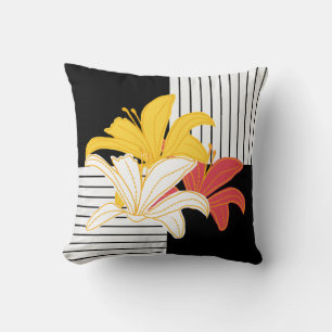 Gult Orange Lilies on Black White Rand Throw Kudde