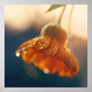 Gult Orange Marigold Flower Droppar Makro Poster