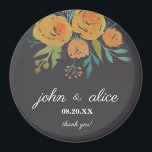 Gult Orange och Brown Blommigt Bröllop Magnet<br><div class="desc">En del av A Touch of Gult Blommigt Peonies and Ro Collection. Detta är en klassisk magnet och elegant bröllop designad med gult orange ro och peonier,  botaniskt och eukalyptus löv i en mörk brun bakgrund. Ett tack till dina gäster.</div>